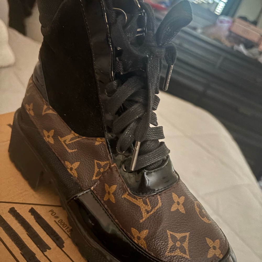 Monogram Pattern Platform Lace-Up Boots in Brown & Black - Picture 3 of 5